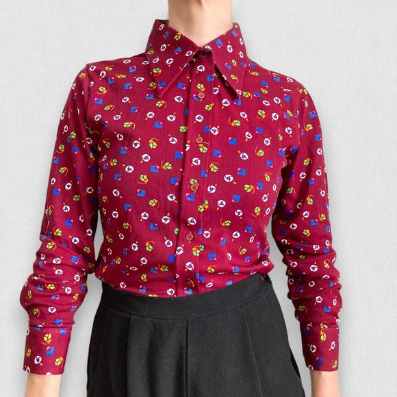 Vintage Floral Print Burgundy Retro 60's Button down Long sleeve Shirt - Picture 3 of 8